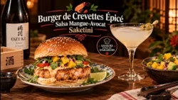 La Table de Maria: Burger de Crevettes Épicé, Salsa Mangue-Avocat & Saketini